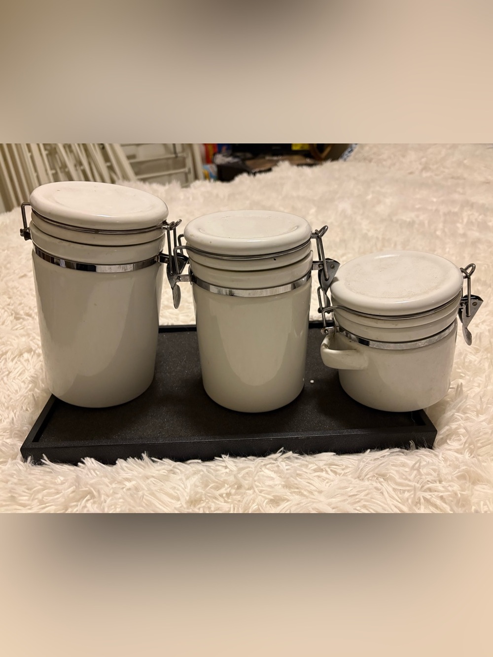 White Ceramic Airtight Canister with Metal Clamp Lid - Set of 3